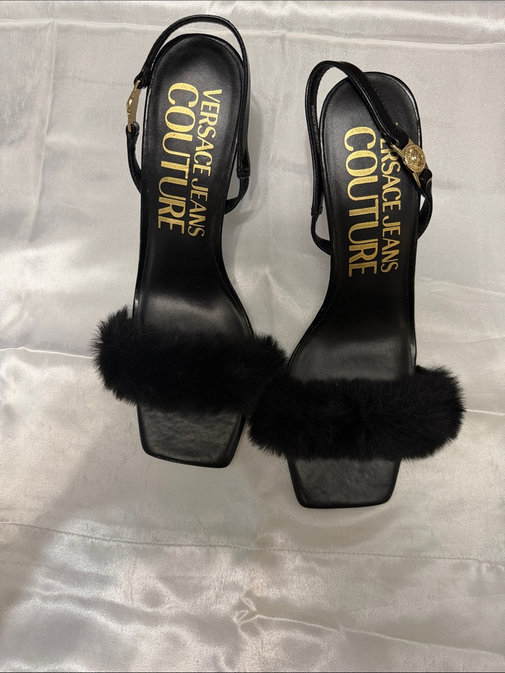 Versace Jeans Couture Black Faux Fur Slingback Sandals with Gold Logo